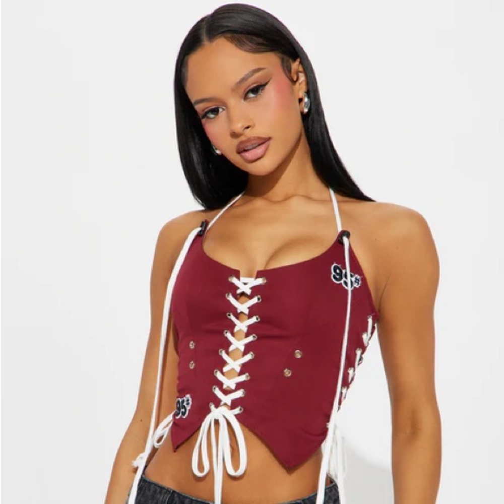 Fashion Nova Burgundy Lace-Up Tank Top